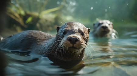Otters swimming in the water, shallow depth of field.の素材