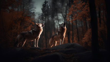 Two wolves in the forest. Halloween concept. 3D Renderingの素材