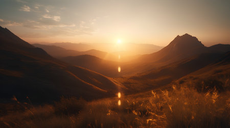 Sunset in the mountains. 3d render. Computer digital drawing.の素材