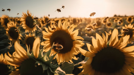 Sunflower field with bees and sunflowers at sunset. Summer landscape.の素材