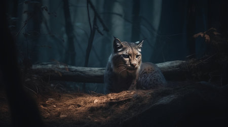 Portrait of a wild lynx in the dark forest. Wildlife scene.の素材
