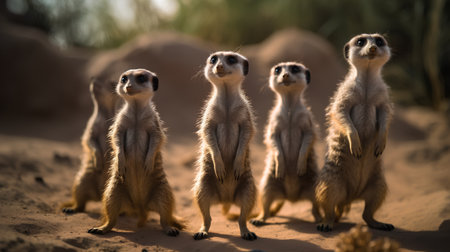Group of meerkats standing in the sand and looking at cameraの素材