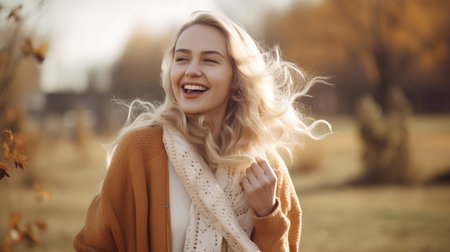 Portrait of a beautiful young woman with long blond hair in autumn parkの素材