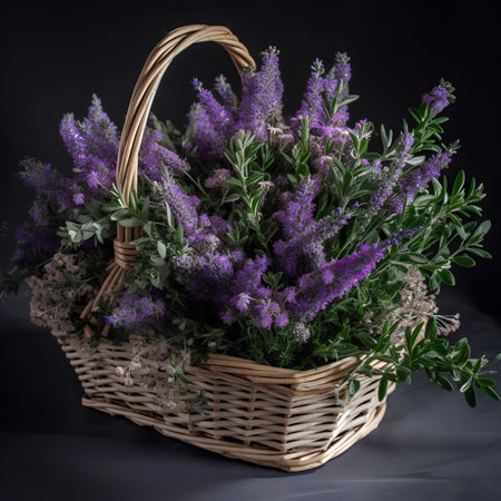 basket with fresh lavender flowers on black background, closeupの素材
