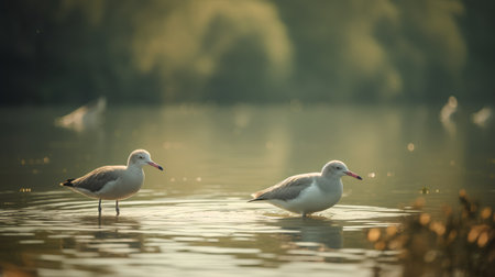 Two seagulls on the lake. Toned image.の素材