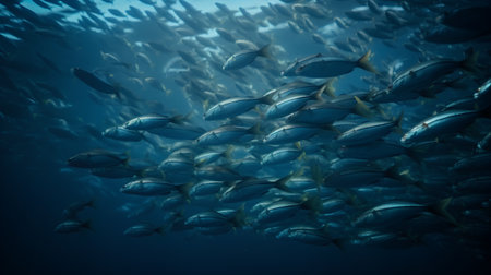 Underwater scene of a school of fish swimming in the blue oceanの素材