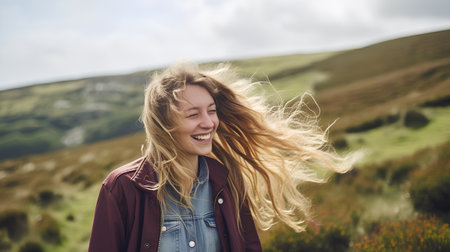 Beautiful young woman with long blond hair flying in the wind.の素材