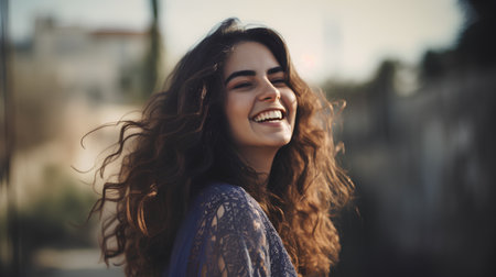Portrait of beautiful young woman with long curly hair in the cityの素材