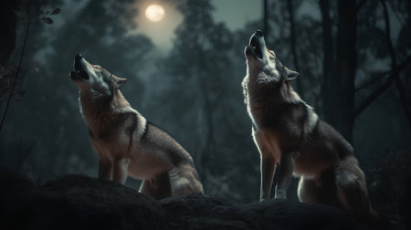 Two wolves in the forest at night,3d render illustration.の素材