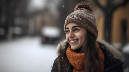 Portrait of a beautiful young woman in winter clothes smiling on a snowy streetの素材
