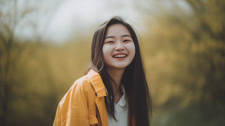 Portrait of a beautiful young asian woman in yellow raincoat smiling and looking at camera.の素材