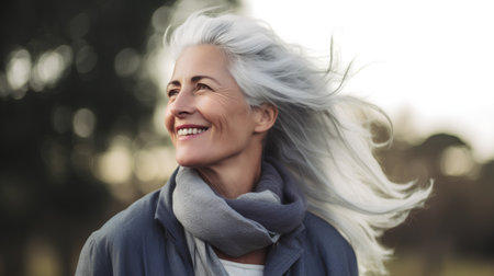 Portrait of smiling senior woman with hair flying in the wind outdoorsの素材