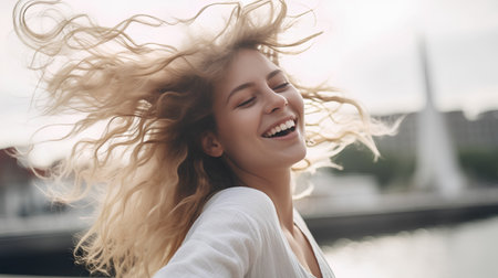 Portrait of beautiful young woman with flying hair in the city.の素材