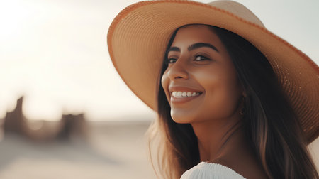 Portrait of a beautiful young woman in a hat on the beachの素材
