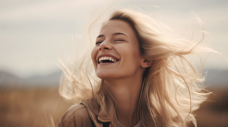 Portrait of happy young woman with long blond hair on wheat fieldの素材