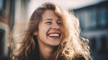 Portrait of a beautiful young woman with long wavy hair.の素材