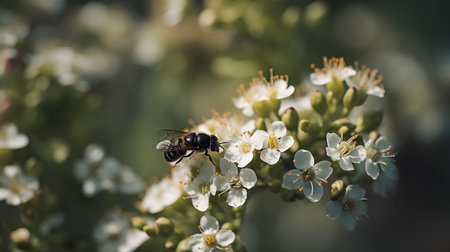 Bee on white flowers. Selective focus. Shallow depth of field.の素材