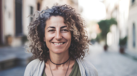 Portrait of smiling woman with curly hair in the old town.の素材