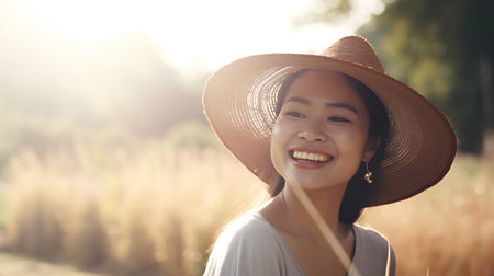 Portrait of a beautiful young asian woman in straw hat in wheat fieldの素材