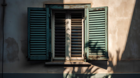 Old wooden window with shutters on the facade of the house.の素材