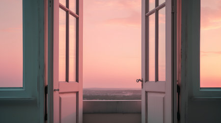 Open door to the city at sunset with pink sky and clouds.の素材