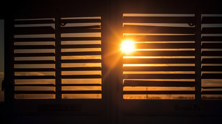 Sunset through the blinds on the windows of the house.の素材