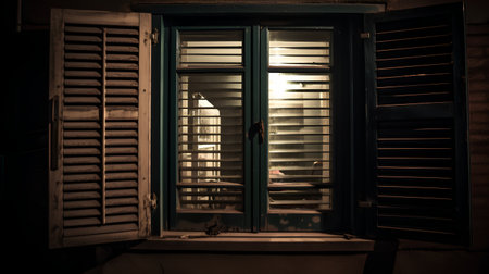 Old wooden window with blinds in the evening. Toned.の素材