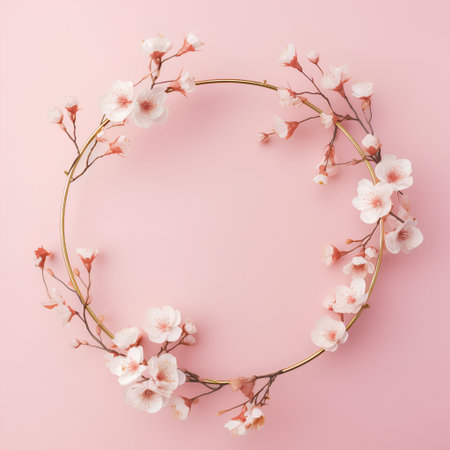 Round frame with cherry blossom branches on pink background. Flat lay, top view.の素材