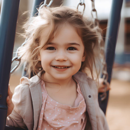 portrait of a cute little girl on a swing at the playgroundの素材