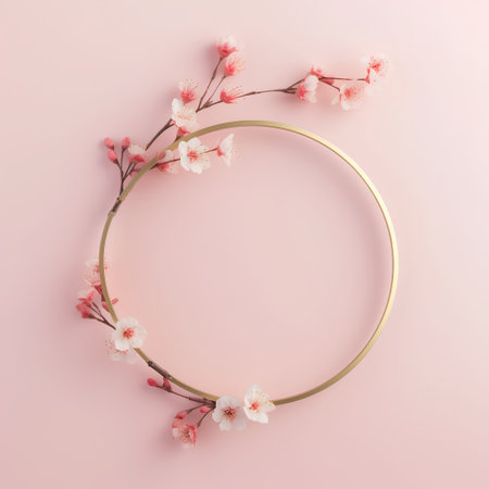 Round frame with cherry blossom branches on pastel pink background. Spring and summer concept.の素材