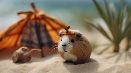 Guinea pig on the sandy beach near the sea with a boatの素材