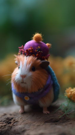 Cute guinea pig wearing a hat and a scarf with flowersの素材