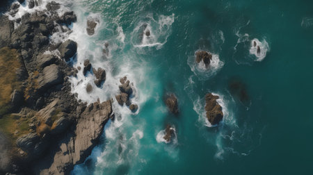 Aerial drone view of beautiful seascape with rocks and ocean wavesの素材