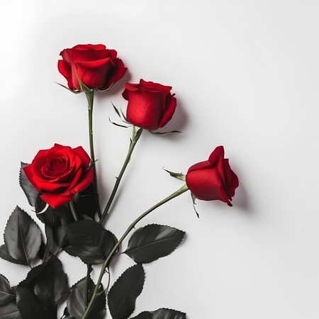 Red roses on white background. Flat lay, top view, copy spaceの素材