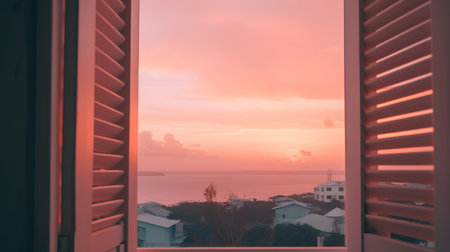Sunset view from the window of a house on the sea.の素材