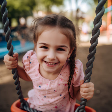 Cute little girl having fun on a swing in the park.の素材
