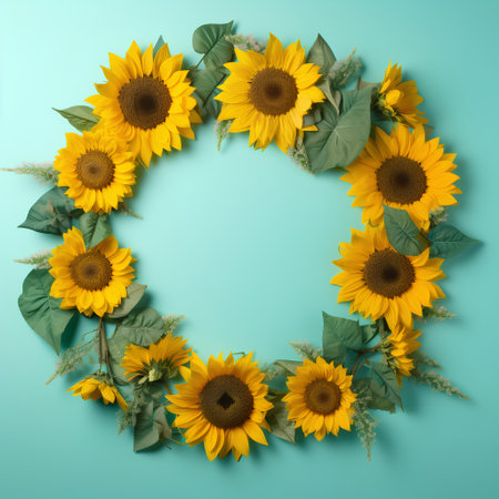 Round frame made of yellow sunflowers with green leaves on turquoise backgroundの素材