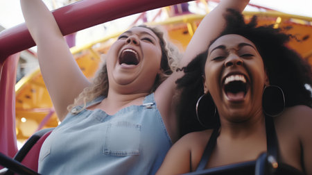 Two women having fun in amusement park. One of them is screamingの素材