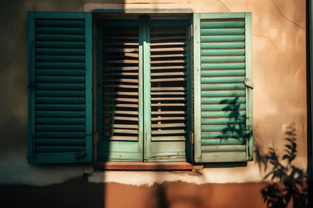 Green wooden shutters on the facade of an old house in Rome, Italyの素材