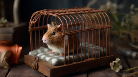 Hamster in a cage on a wooden background. Vintage style.の素材