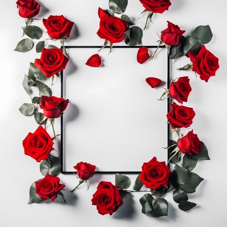 Flowers composition. Frame made of red roses on white background. Flat lay, top view, copy spaceの素材