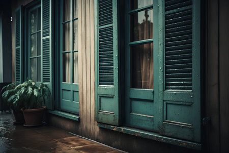 Old wooden windows with shutters in the city. Toned.の素材