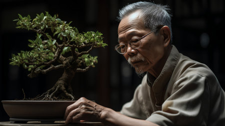 Asian old man holding bonsai tree in his hands at homeの素材