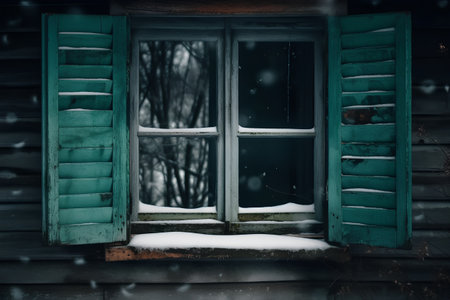 Snowy window in old wooden house with snowfall in the backgroundの素材