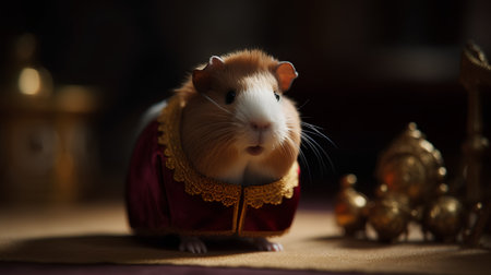 Guinea pig in a red dress and gold candlestick.の素材