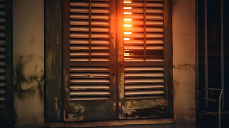 Old wooden window with blinds at sunset, vintage color tone.の素材