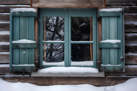 Old wooden window with green shutters covered with snow in winter.の素材