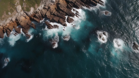 Aerial view of a rocky coastline with ocean waves crashing onto itの素材