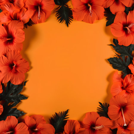 Flowers composition. Frame made of red hibiscus flowers on orange background. Flat lay, top view, copy spaceの素材
