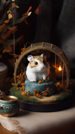 Cute little hamster sitting on a saucer with autumn leaves.の素材